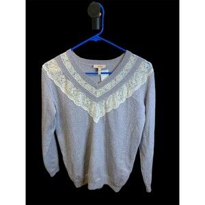 Rebecca Taylor Gray V-Neck Sweater with Cream Lace Trim